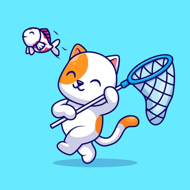 Simpatico gatto che cattura pesce con rete da pesca Cartoon icona vettore illustrazione. Natura animale isolata