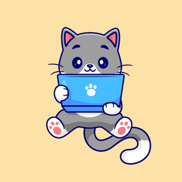 Simpatico gatto che gioca con il laptop Cartoon icona vettore illustrazione Concetto di icona della tecnologia animale isolato
