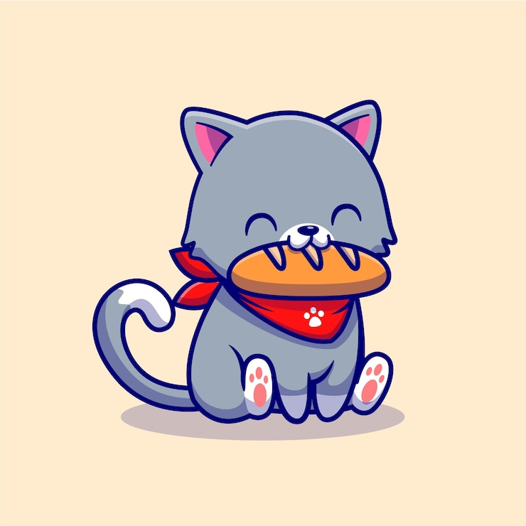 Vettore gratuito simpatico gatto che mangia pane personaggio dei cartoni animati. cibo per animali isolato.