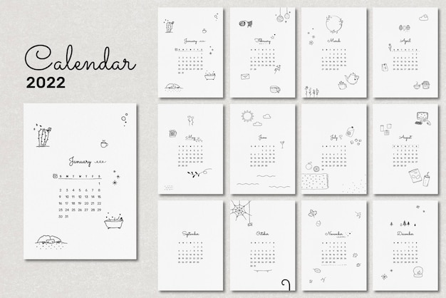 Simpatico modello di calendario mensile 2022, set vettoriale di illustrazione scarabocchio minimo