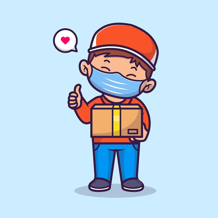 Vettore gratuito simpatico pacchetto di consegna tramite corriere con maschera e pollice in su illustrazione dell'icona del vettore dei cartoni animati persone piatte