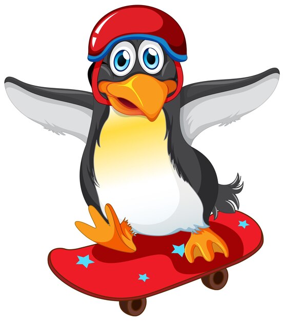 Simpatico personaggio dei cartoni animati del pinguino che fa skateboard