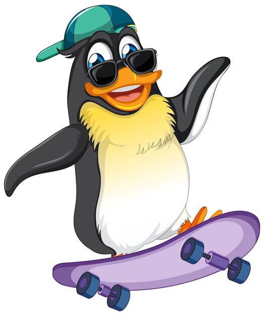 Simpatico personaggio dei cartoni animati del pinguino che fa skateboard