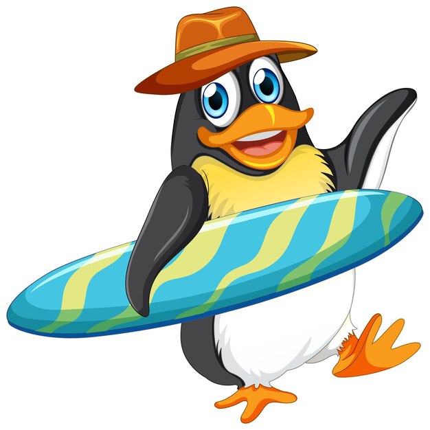 Simpatico personaggio dei cartoni animati del pinguino che tiene la tavola da surf