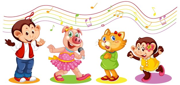 Simpatico personaggio dei cartoni animati di animali con simboli di melodia musicale