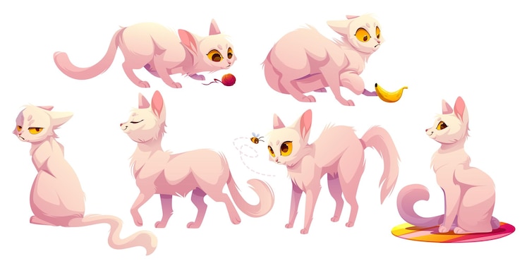 Vettore gratuito simpatico personaggio di gatto bianco in diverse pose