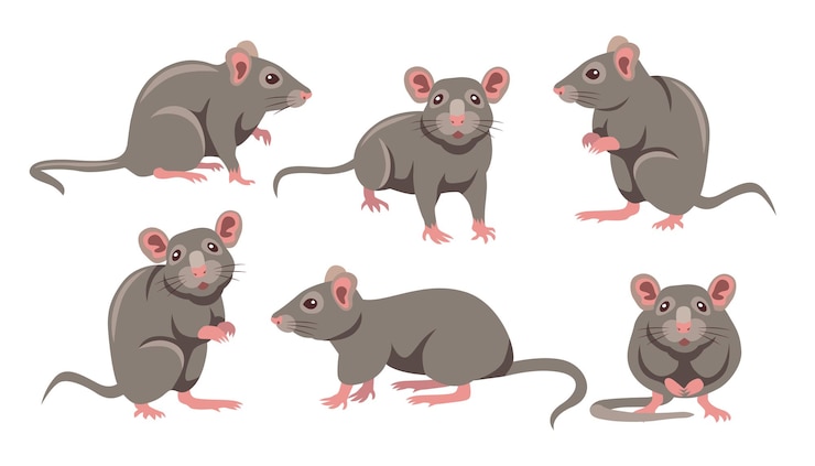 Vettore gratuito simpatico topo grigio in diverse pose set di illustrazioni per cartoni animati. piccoli topi domestici o personaggio di ratto con coda lunga isolato su sfondo bianco. animale, concetto di roditore