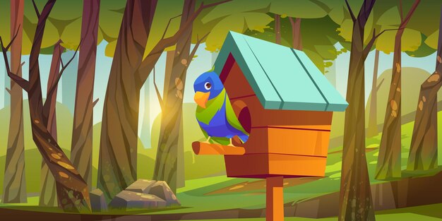Simpatico uccello seduto sul trespolo in legno della casetta per uccelli