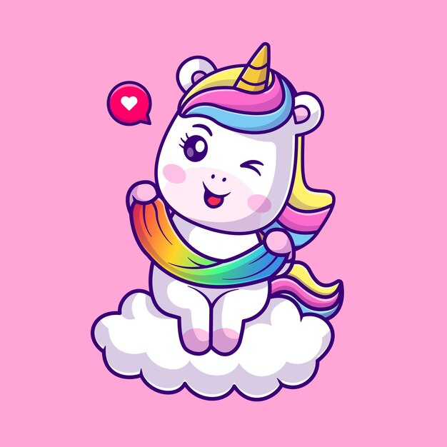 Simpatico unicorno che gioca melma arcobaleno su Cloud Cartoon icona vettore illustrazione animale natura isolata