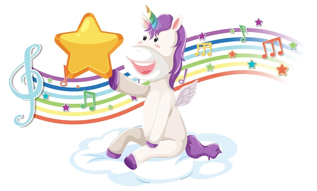 Simpatico unicorno con stella con simboli di melodia sull'arcobaleno