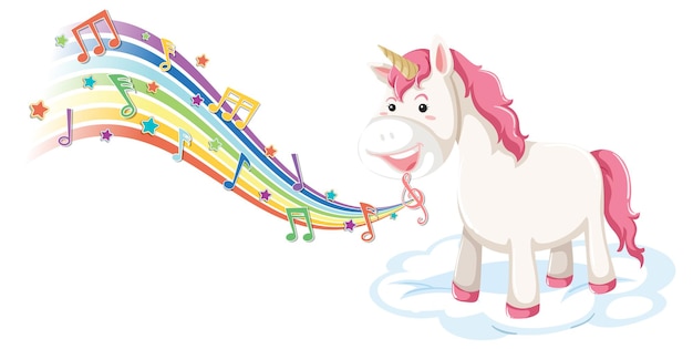 Simpatico unicorno in piedi sulla nuvola con simboli di melodia sull'arcobaleno