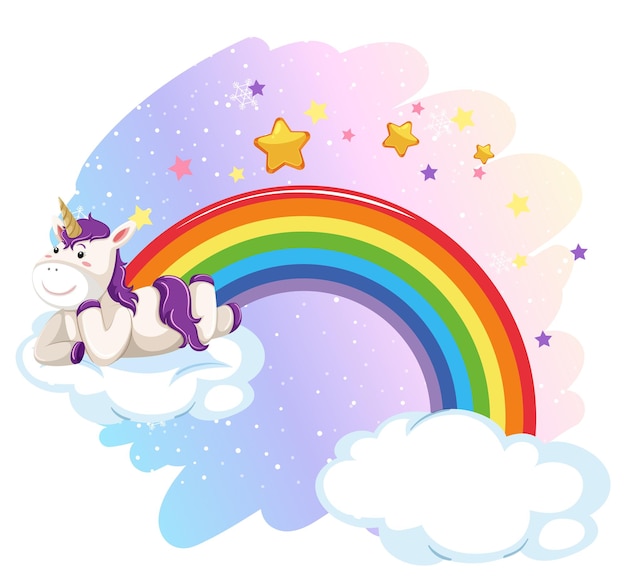 Simpatico unicorno sdraiato su una nuvola nel cielo pastello con arcobaleno