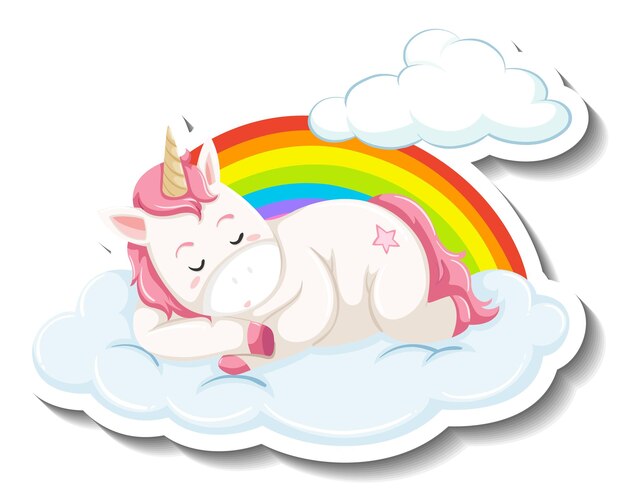 Simpatico unicorno sdraiato sulla nuvola