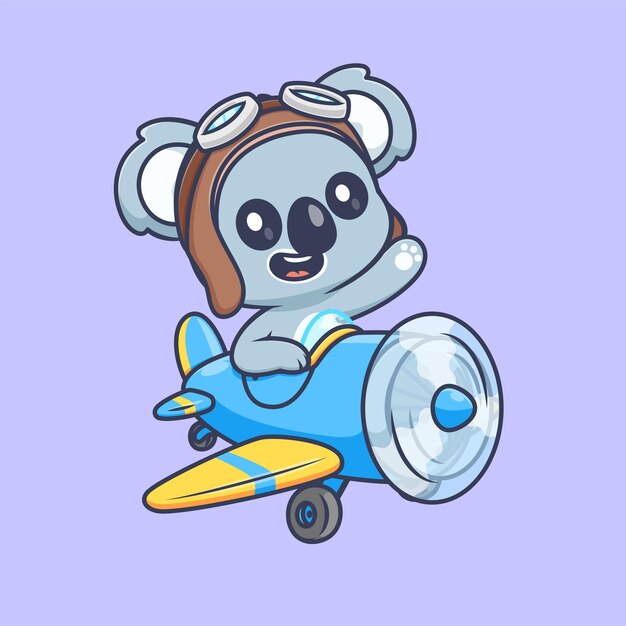 Simpatico volo pilota Koala con aereo Cartoon Vector Icon Illustrazione Trasporto di animali isolato