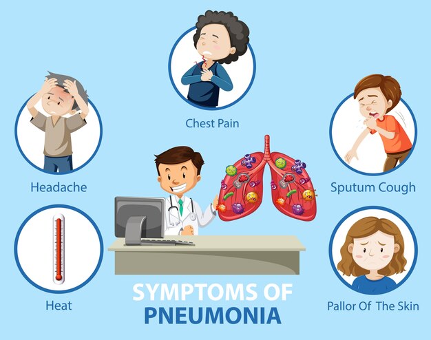 Sintomi di polmonite in stile cartone animato infografica