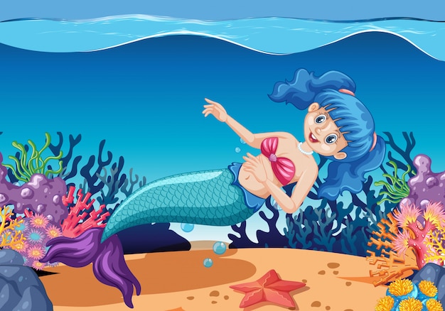 Sirene sveglie personaggio dei cartoni animati in stile cartone animato su sotto il fondo del mare
