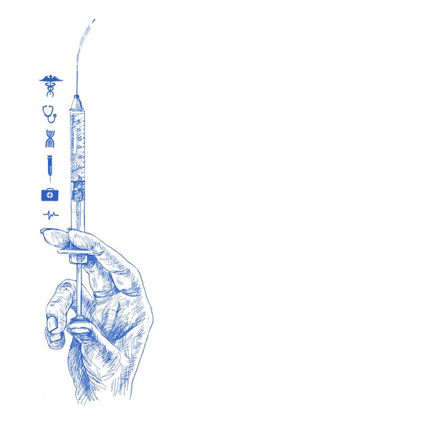 Siringa iniezione medica in mano con set di icone mediche Illustrazione vettoriale