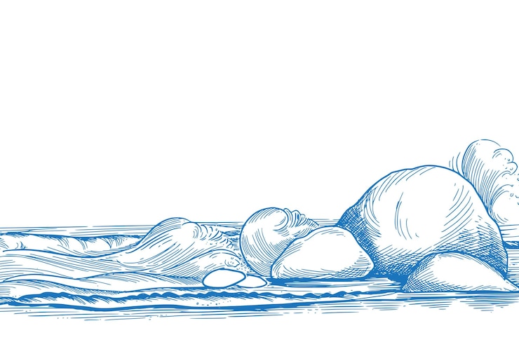 Vettore gratuito sketch del paesaggio della spiaggia di surf, disegno estivo delle onde d'acqua
