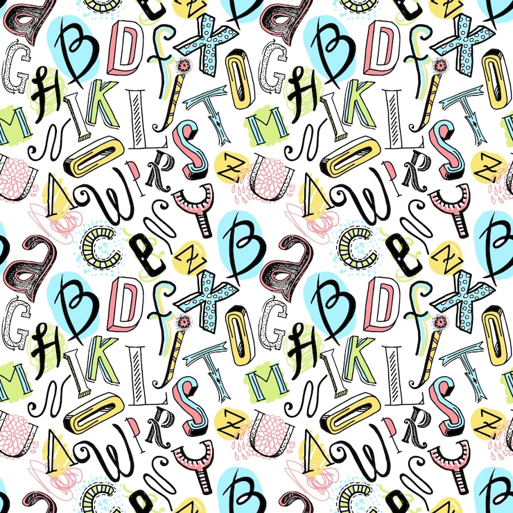 Vettore gratuito sketch mano disegnata a mano doodle colorate lettere alfabeto seamless pattern illustrazione vettoriale