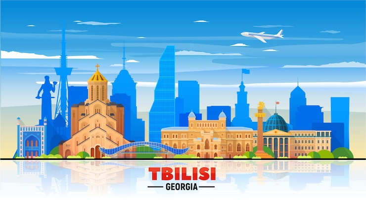 Vettore gratuito skyline di tbilisi georgia su uno sfondo con cielo illustrazione vettoriale piatta concetto di viaggi d'affari e turismo con edifici moderni immagine per banner o sito web