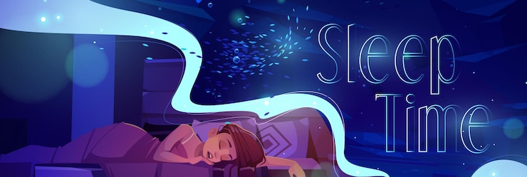 Vettore gratuito sleep time cartoon banner, young woman sleeping on bed at dark night room, dormant female character lying under blanket nap, relaxed girl seeing sweet dreams at home bedroom, vector illustration
