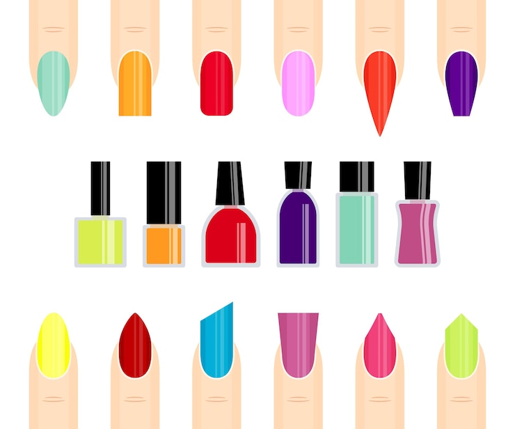 Vettore gratuito smalto per unghie e unghie di diversi colori.