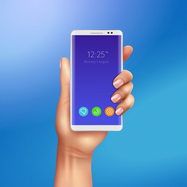 Smart Phone bianco in mano femminile sull'illustrazione realistica del fondo blu di pendenza