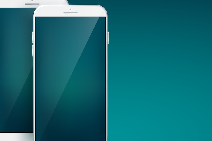 Vettore gratuito smartphone dal concetto di design moderno con due cellulari bianchi con ombre sui grandi spazi vuoti e interfacce touchscreen sul blu
