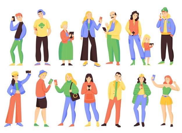 Smartphone di persone moderne che chattano con personaggi umani isolati di sesso ed età diversi utilizzando l'illustrazione vettoriale dei telefoni