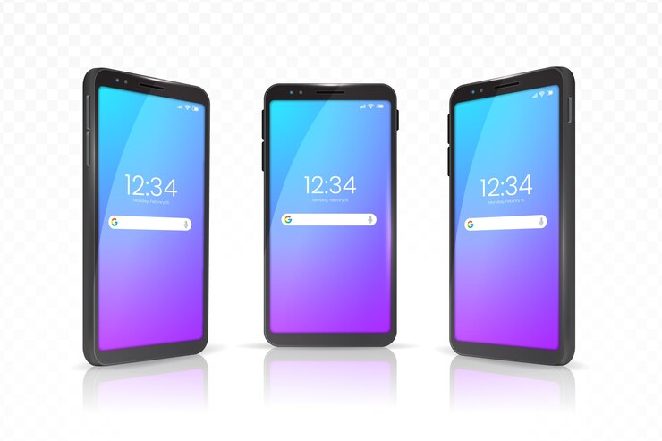 Vettore gratuito smartphone realistico con custodia in diverse viste