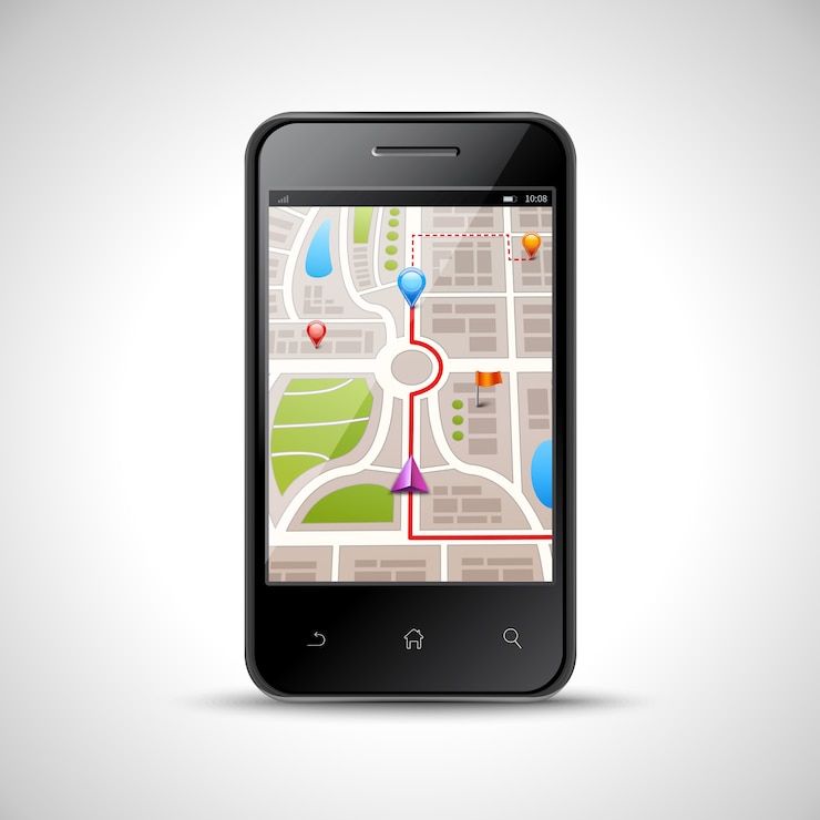 Vettore gratuito smartphone realistico con la mappa di navigazione dei gps sullo schermo isolato