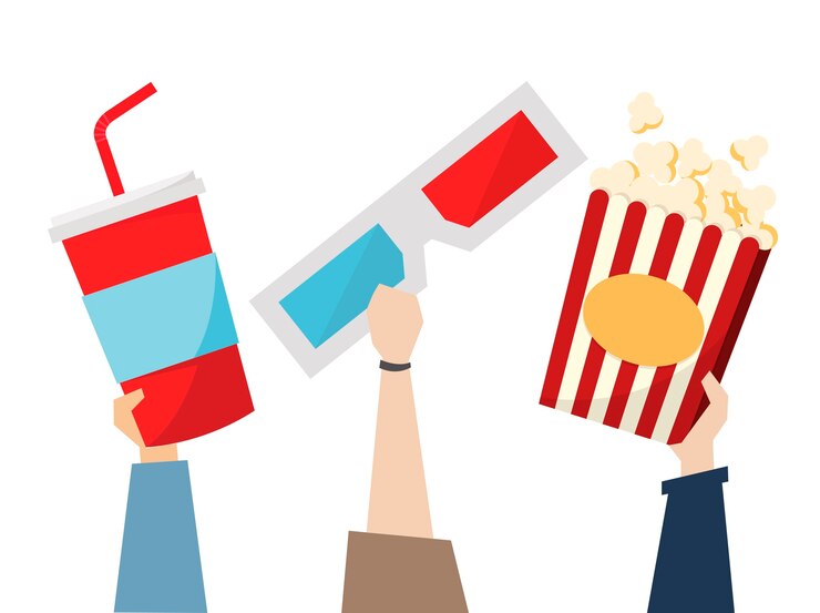 Vettore gratuito snack e occhiali 3d per movietime