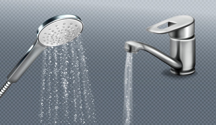 Vettore gratuito soffione doccia in metallo e rubinetto con acqua che cade isolato su sfondo trasparente