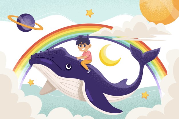 Sogno magico disegnato a mano con bambino sulla balena
