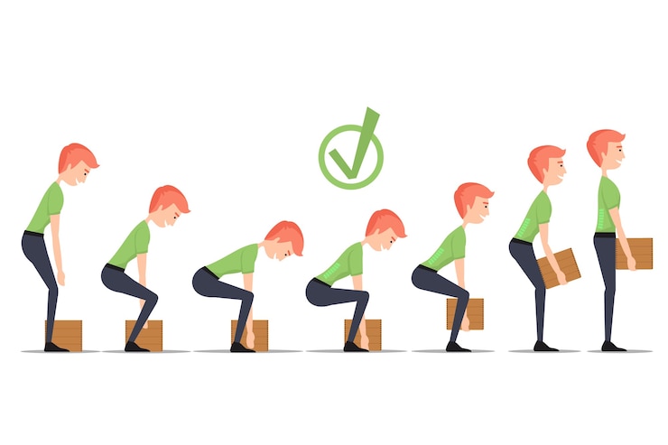 Vettore gratuito sollevamento sicuro di oggetti pesanti. sollevamento corretto, peso scatola, trasporto uomo, consegna manuale,