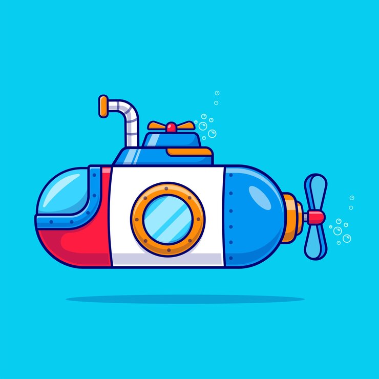 Vettore gratuito sottomarino nell'illustrazione dell'icona del vettore dei cartoni animati subacquei icona della tecnologia di trasporto isolata