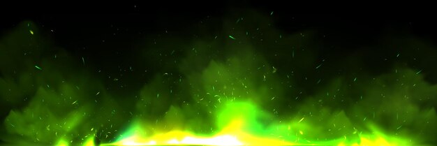 Sovrapposizione effetto fuoco verde con sfondo realistico di brace e fumo Particella di luce scintilla volante nella trama panoramica fiamma Potere di stregoneria festiva al neon con vapore e ardente per camino mago