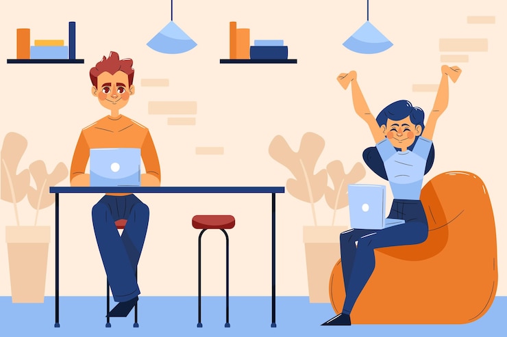 Vettore gratuito spazio di coworking a doppia squadra disegnato a mano piatto