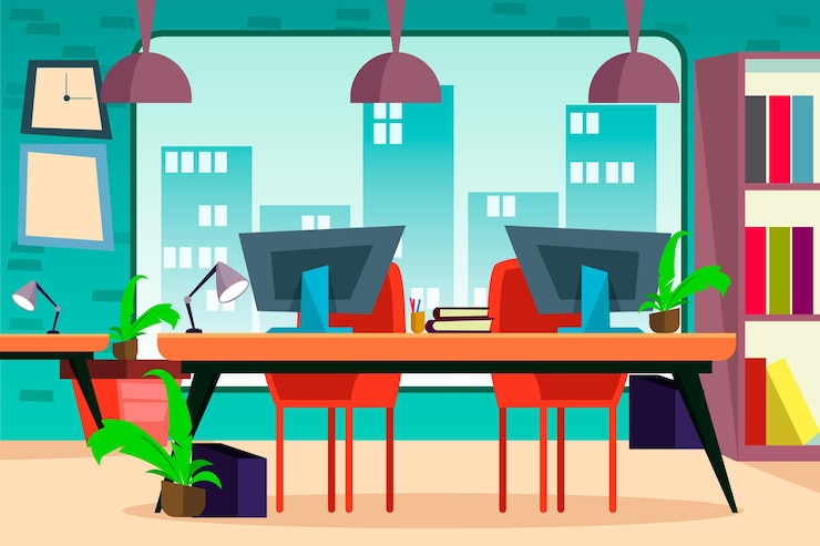 Vettore gratuito spazio di coworking del fumetto al chiuso