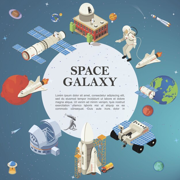 Spazio isometrico composizione rotonda con satellite planetario base cosmica Pianeta terra astronauti lunare rover shuttle razzo lancio alieno ufo