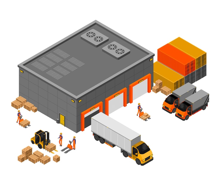 Vettore gratuito spedizione delle merci ai camion dal magazzino e lavoro dell'illustrazione isometrica dei carrelli elevatori a forcale
