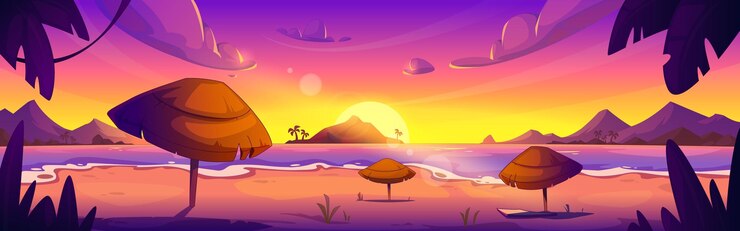 Vettore gratuito spiaggia di laguna tropicale al tramonto o all'alba