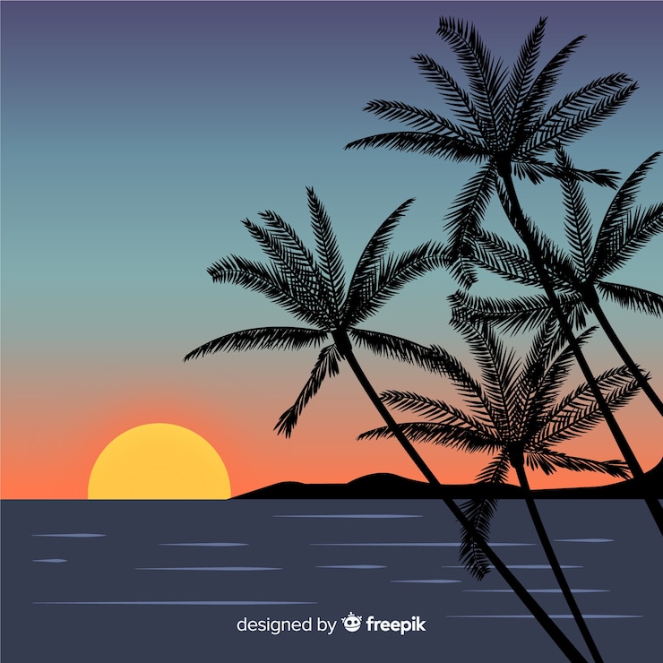 Vettore gratuito spiaggia tramonto paesaggio sullo sfondo