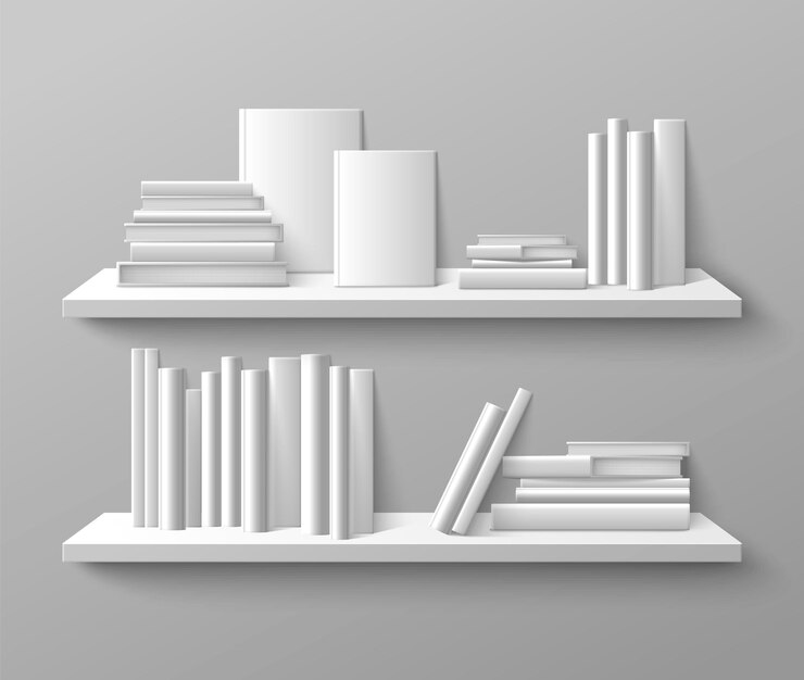 Vettore gratuito spina dorsale della pila di libri e vista anteriore sullo scaffale a parete
