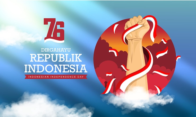 Vettore gratuito spirito dell'indonesia 76° giorno dell'indipendenza o dirgahayu kemerdekaan indonesia con strong fist
