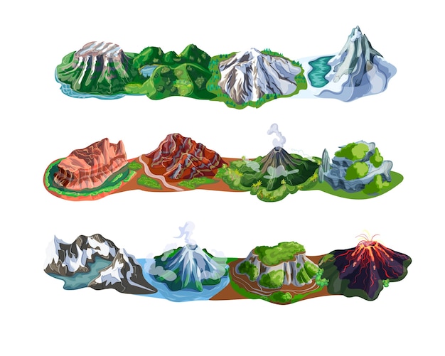 Splendidi paesaggi di montagna con diversi tipi di picchi, vulcani, rocce e monti isolati