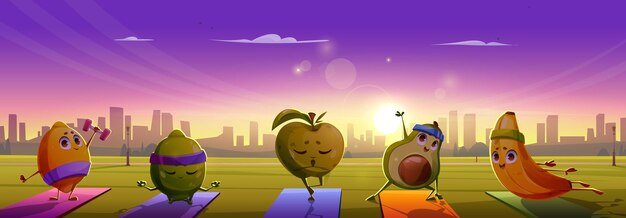 Sport di frutta nel parco della città all'alba illustrazione vettoriale di cartoni animati cibo divertente esercizio di yoga allenamento con avocado banana mela limone e lime su tappetino di fitness sullo sfondo con paesaggio urbano grattacielo