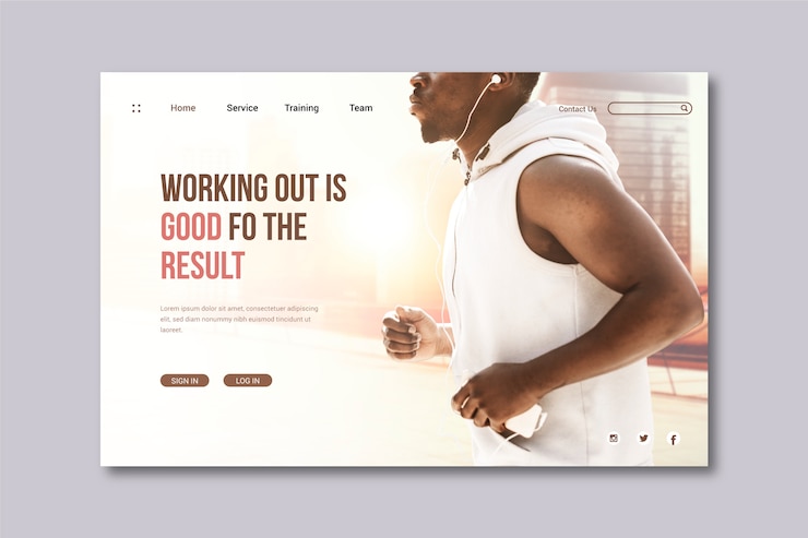 Vettore gratuito sport landing page con foto di uomo che corre