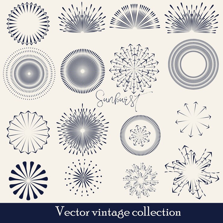 Vettore gratuito sprazzo di sole disegnato a mano, burst radiale dell'annata, linea astratta collezione sole vettoriale
