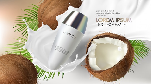 Spruzzo di cocco realistico per la pubblicità di prodotti cosmetici alla crema